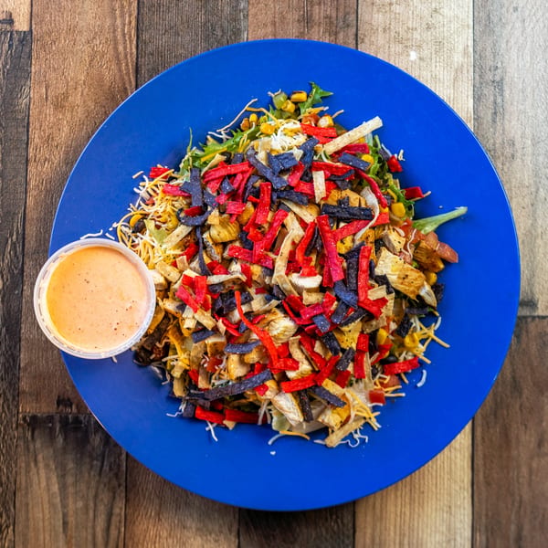 River Smith's Chicken & Catfish salad with chicken, colorful tortilla strips, and dressing on a blue plate.