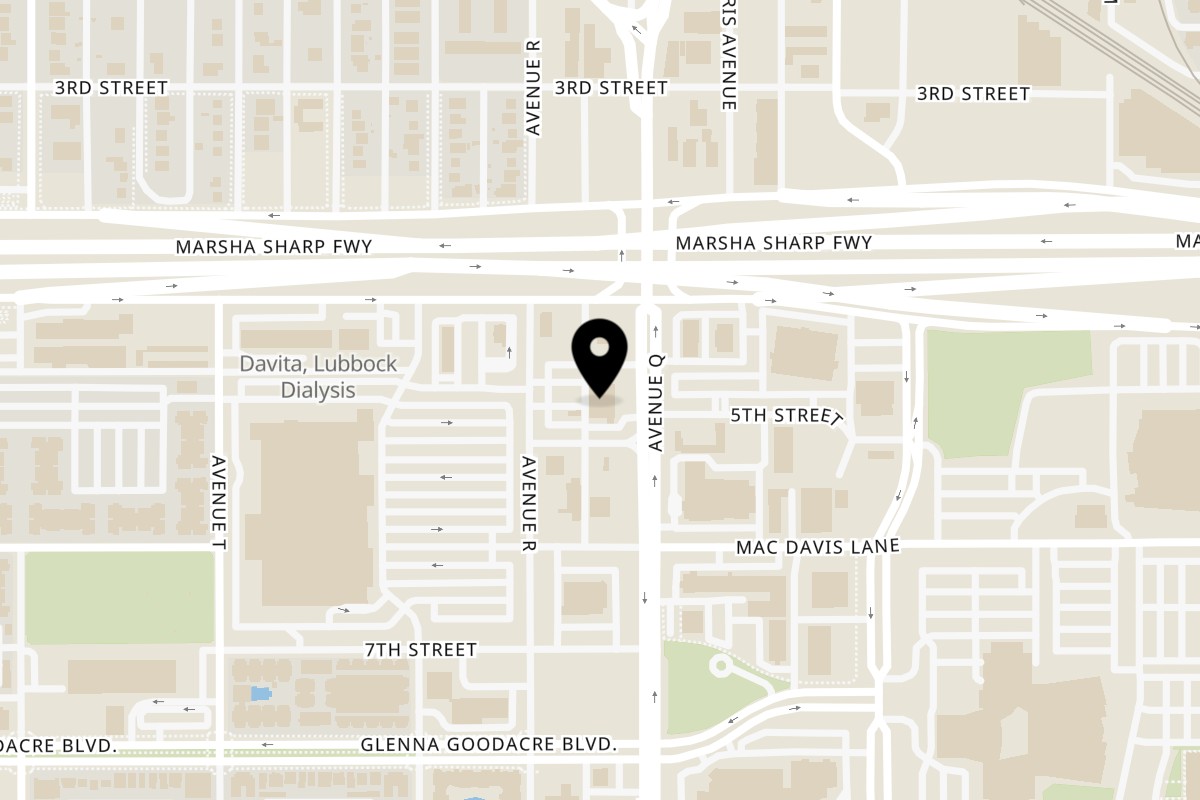 Map showing the location of River Smith's Chicken & Catfish on 406 Avenue Q in Lubbock